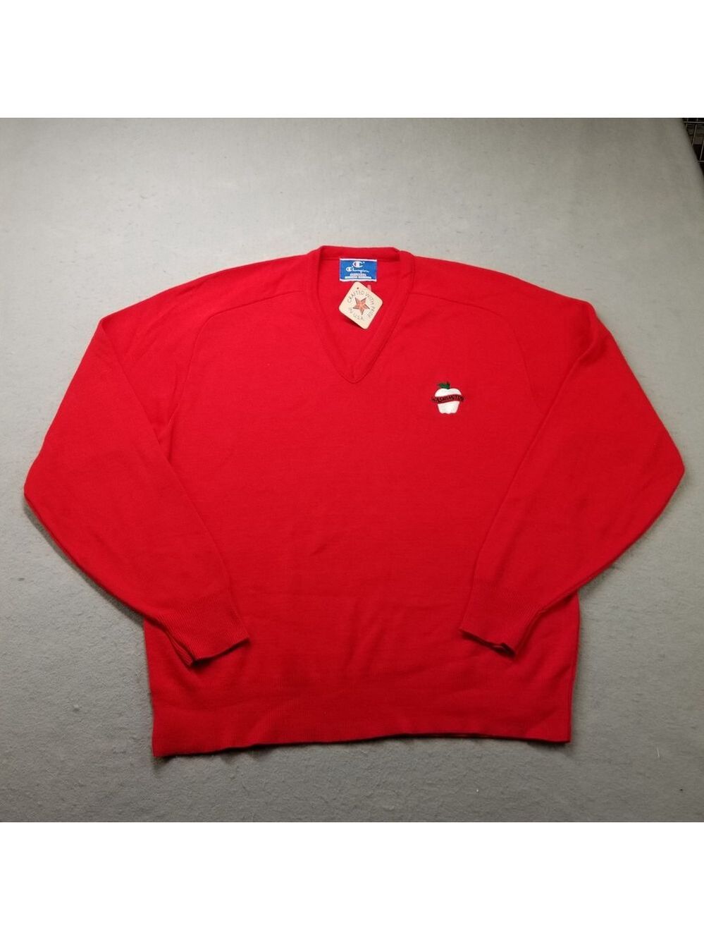 Vintage Champion Sweater XXL V-Neck Red Varsity Washington Apple Logo Made USA